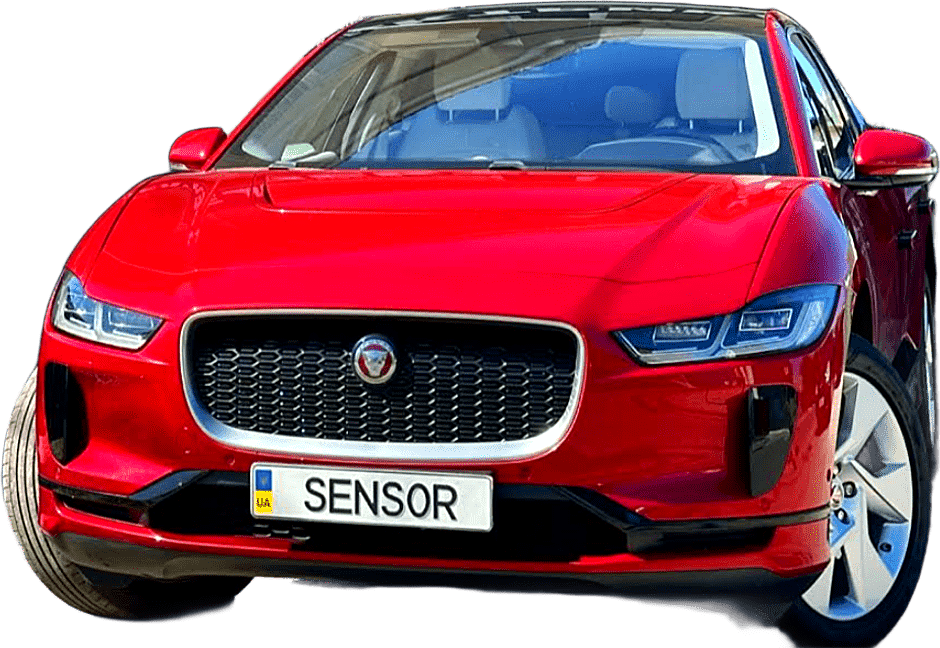 Червоний Jaguar I-Pace з номером SENSOR — автосервіс SENSOR у Броварах